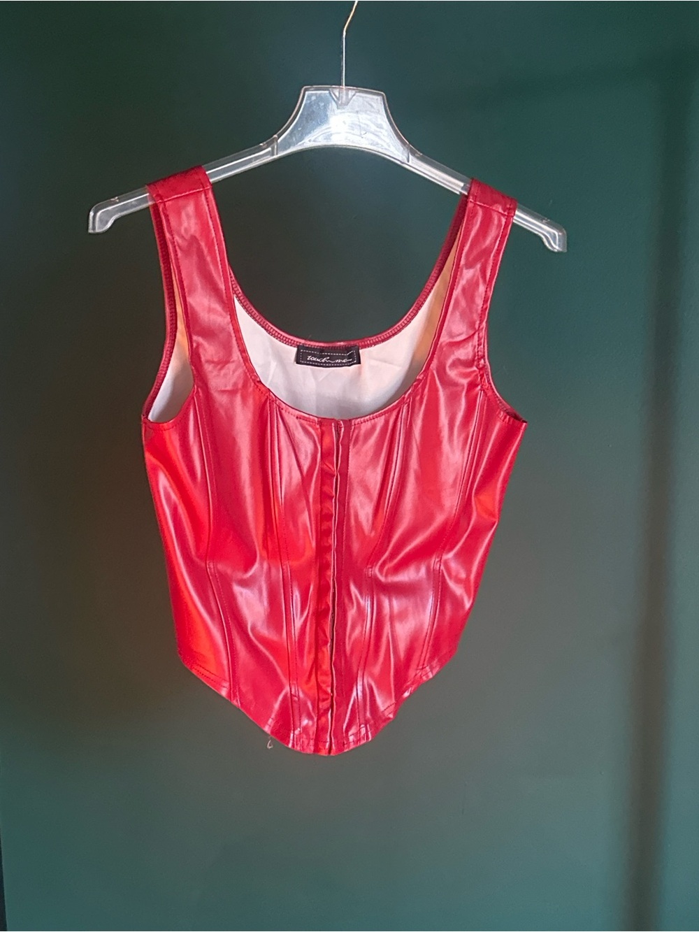 Faux Leather Red Scoop-Neck Tank with Front Seaming